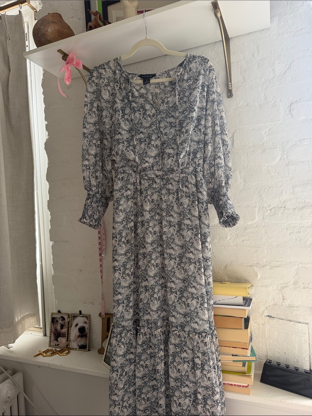 Floral Long Sleeve Maxi Dress in Light Gray and White